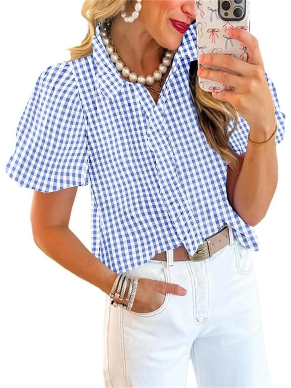 Women's Puffy Sleeves Button Down Shirt Plaid Navy Ruffle Short Striped Blouse